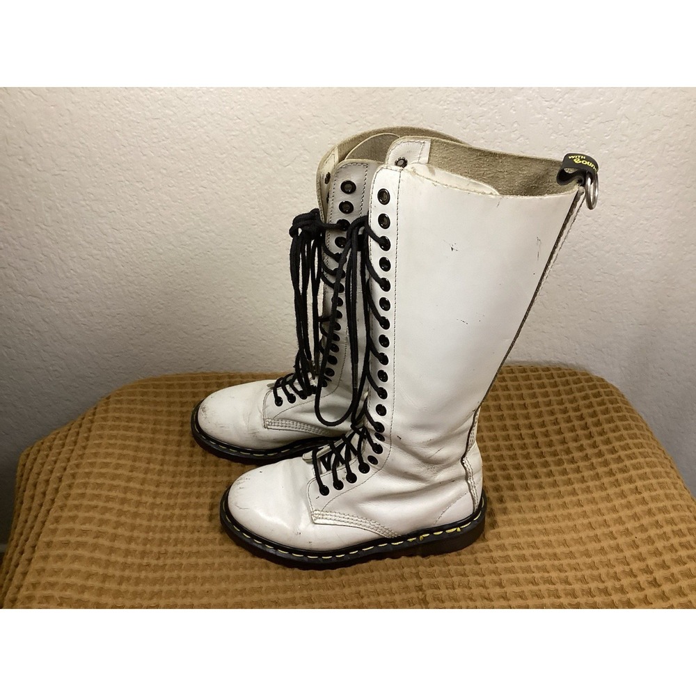 Vtg Dr Martens Knee Boots Women's Sz US 5 White 20 Eye Tall Leather England Made
